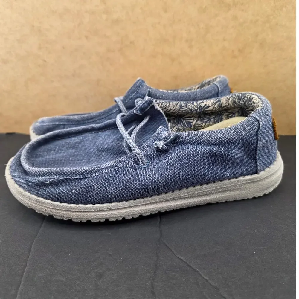Hey Dude Wally Youth blue denim slip-on loafer shoes size 3